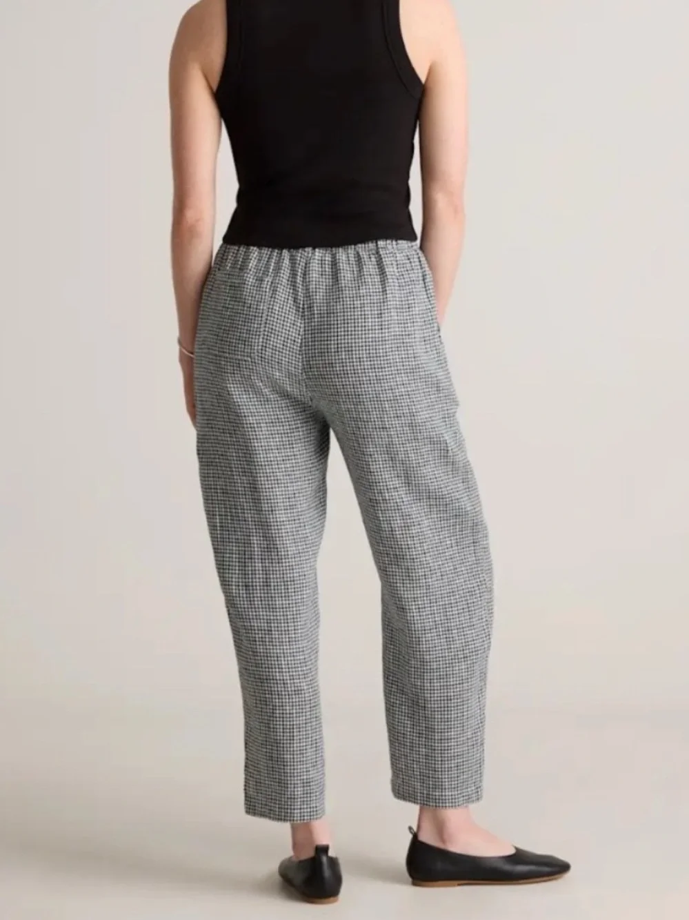 Quince 100% European Linen Pants Classic Mini Gingham Black White Pull-On Sz L